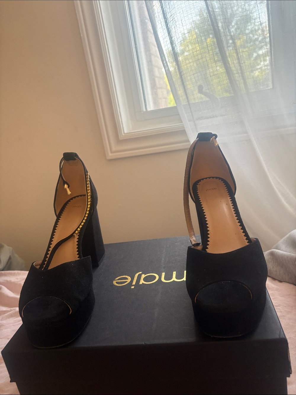 MAJE Black Suede Open Toe Crystal Anklet Heels